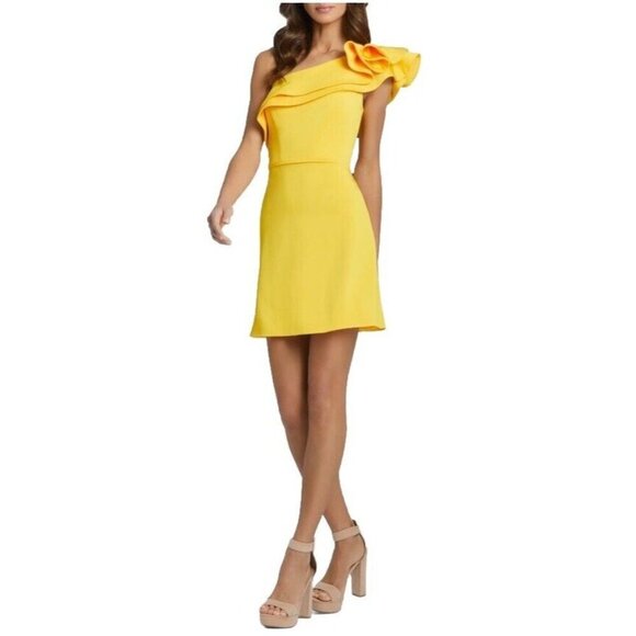 Mac Duggal Dresses & Skirts - Mac Duggal Size 0 Yellow One Shoulder Ruffle Mini Sheath Cocktail Dress New